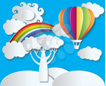Paper style vector - landscape with rainbow and balloon. Paper colourful balloon