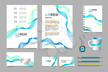 Business presentation infographic elements template set, annual report corporate vertical brochure design. Pencil, mug, keychain, flyer.