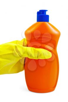 Royalty Free Photo of a Rubber Gloved Hand Holding a Bottle of Liquid Detergent