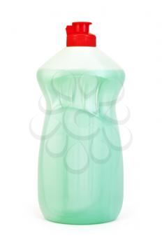 A bottle of light green with detergent isolated on a white background