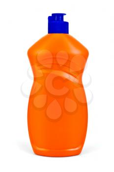 A bottle of orange with detergent isolated on a white background