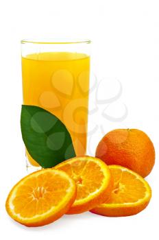 Juice in a glass, a mandarin orange, tangerine slices and green leaf isolated on white background
