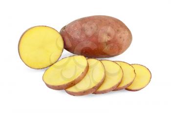 One whole and one sliced potato into slices isolated on white background