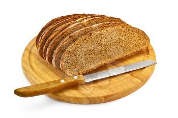 Sliced rye bread on a round board with a knife isolated on a white background