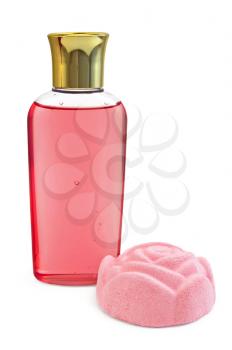 Pink shower gel and bath salt is isolated on a white background