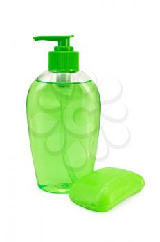 Green liquid soap in a bottle, a green piece of solid soap isolated on white background