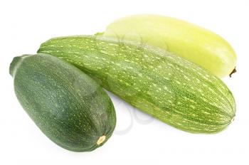 Two green zucchini varieties and one yellow isolated on a white background