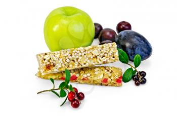 Granola bar, green apple, plum, cherry, branches with leaves and berries lingonberries isolated on white background