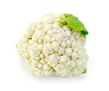 One cauliflower with green leaf isolated on white background