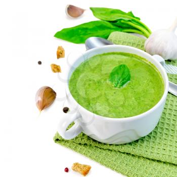 Green soup puree in a white bowl with croutons on a napkin, spinach, spoon, garlic, pepper isolated on white background