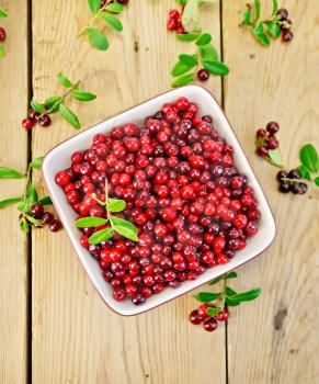 Ripe red cranberries in a bowl with berries and a sprig of green leaves on a wooden boards background