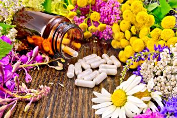 Capsules in brown jar open and on table, fresh flowers fireweed, tansy, chamomile, clover, yarrow, meadowsweet, mint leaves on background of wooden boards