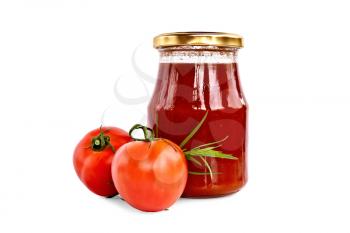 Tomato ketchup in a glass jar, two tomatoes, a sprig of tarragon isolated on a white background