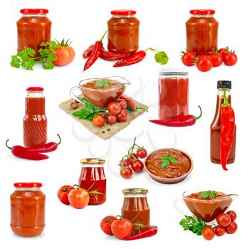 Set of pictures of ketchup and hot sauce in a glass sauceboat, jar, bottle, pottery, with spicy chili peppers, tomatoes isolated on a white background