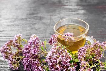 Oregano herbal tea in a glass cup, fresh pink marjoram flowers on wooden board background
