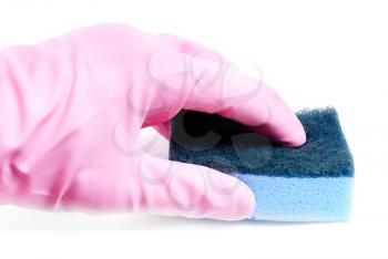 Royalty Free Photo of a Plastic Gloved Hand With a Sponge