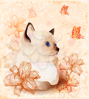 Royalty Free Clipart Image of a Siamese Cat With Flowers