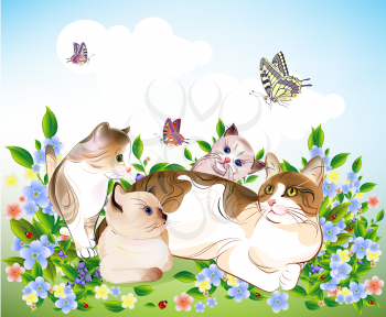 Royalty Free Clipart Image of Cats in a Meadow