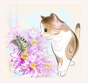 Royalty Free Clipart Image of a Cat With Flowers