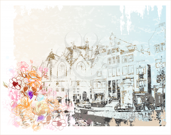 Royalty Free Clipart Image of a Vintage Illustration of an Amsterdam Street