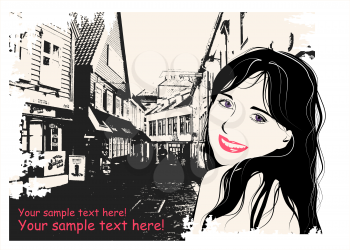 Royalty Free Clipart Image of a Woman Beside Buildings