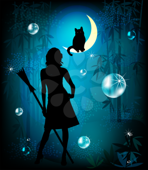 Royalty Free Clipart Image of a Witch and a Cat in the Forest