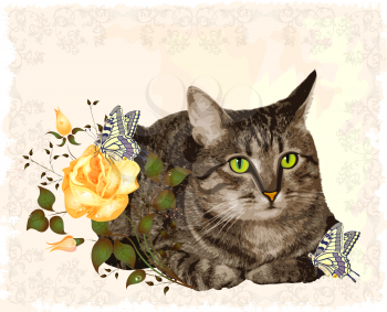 Royalty Free Clipart Image of a Cat and Flowers