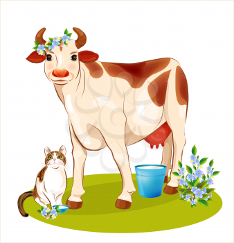 Royalty Free Clipart Image of a Cow and Cat