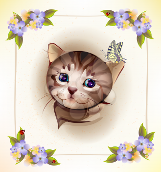 Royalty Free Clipart Image of a Kitten and Flowers