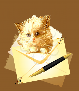 Ginger kitten with envelope. Postage illustration