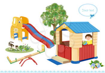 Playground. Seesaw, slider and house.