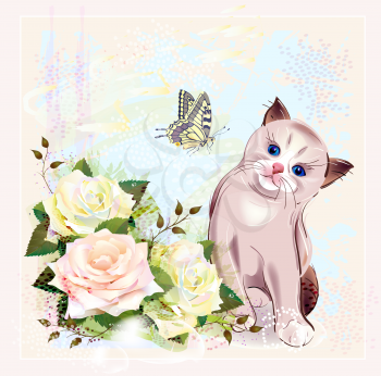 greeting card with kitten, butterfly and roses