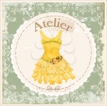 vintage label with yellow dress decorated with roses