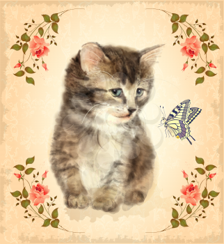 Vintage card with fluffy kitten and butterfly.  Imitation of watercolor painting. 