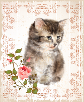 Vintage card with fluffy kitten and rose. Imitation of watercolor painting. 