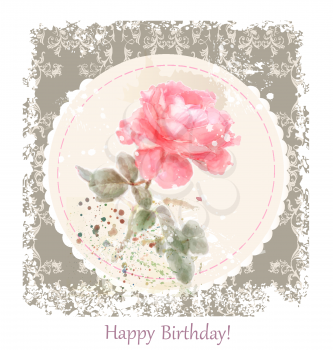Vintage birthday  greeting card with watercolor rose