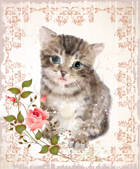 Fluffy kitten with roses and butterfly.  Vintage postcard.  Imitation of watercolor 
painting.
