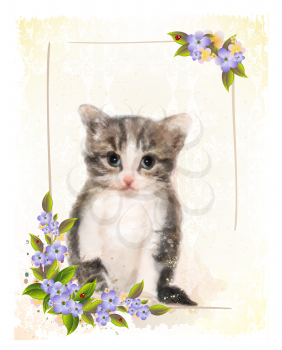Vintage postcard with kitten.  Imitation of watercolor painting.