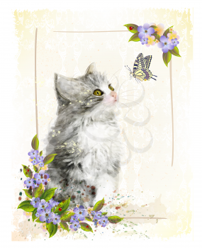 Vintage postcard with kitten.  Imitation of watercolor painting.