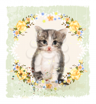 Vintage card with fluffy kitten and roses. Imitation of watercolor painting. 