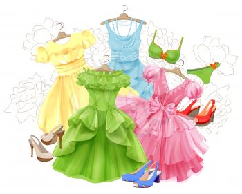 set of bright dresses, bikini and shoes