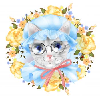 Vintage portrait of the cat with glasses and roses. Victorian style. 