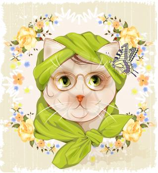 Portrait of the hipster cat with glasses, roses and butterfly. Vintage vignette with  flowers. Victorian style