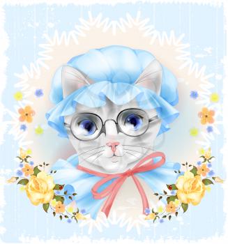 Vintage portrait of the cat with glasses and roses. Victorian style
