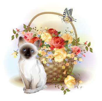 Happy birday card. Siamese kitten, butterfly and basket with roses. 