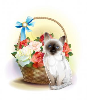 Happy birday card. Siamese kitten and basket with violets. 