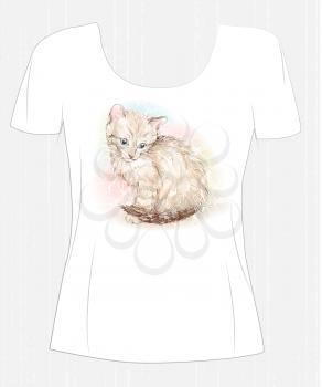 t-shirt design  with cute kitten and flower. Design for women's t-shirt