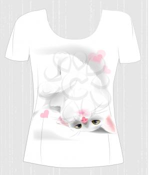 t-shirt design  with playful white cat and hearts. Design for women's t-shirt. Present for Valentines day