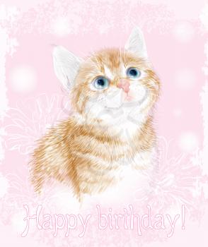 Happy birthday card with little kitten the red marble coloring.  Ginger fluffy kitten. Portrait oh the cat. 