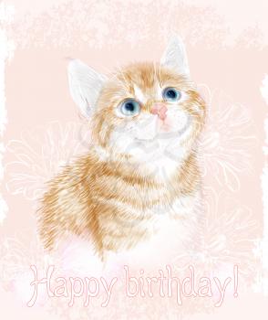 Happy birthday card with little kitten the red marble coloring.  Ginger fluffy kitten. Portrait oh the cat. 